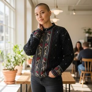 Mac Duff Shetland Wool Knit Cardigan Sweater Floral Embroidered Medium